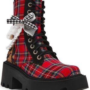 Betsey Johnson Red Plaid Combat Boots with Bow and Pearl Accents